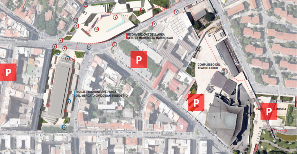 L'area intorno al mercato di San Benedetto con la dislocazione dei circa 1.000 parcheggi in struttura attualmente esistenti